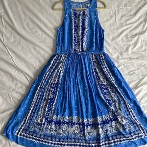 LOFT Blue and White Floral Dress with Cut-Out Back